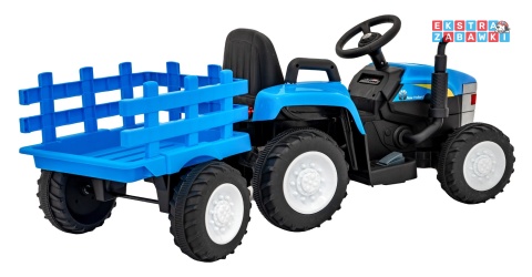 Traktor z przyczepą New Holland T7 na akumulator - niebieski, 2x35W 12V/7Ah, panel muzyczny, LED, AUX [A009B]