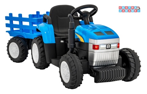 Traktor z przyczepą New Holland T7 na akumulator - niebieski, 2x35W 12V/7Ah, panel muzyczny, LED, AUX [A009B]