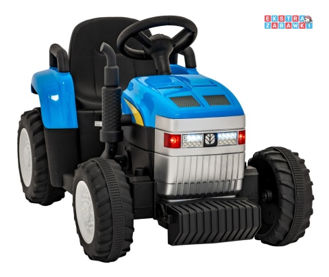 Traktor z przyczepą New Holland T7 na akumulator - niebieski, 2x35W 12V/7Ah, panel muzyczny, LED, AUX [A009B]