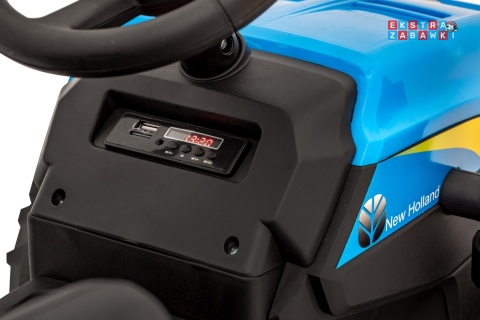 Traktor z przyczepą New Holland T7 na akumulator - niebieski, 2x35W 12V/7Ah, panel muzyczny, LED, AUX [A009B]