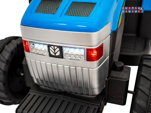Traktor z przyczepą New Holland T7 na akumulator - niebieski, 2x35W 12V/7Ah, panel muzyczny, LED, AUX [A009B]