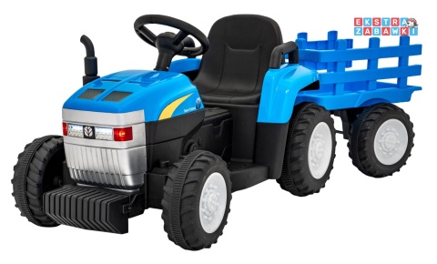 Traktor z przyczepą New Holland T7 na akumulator - niebieski, 2x35W 12V/7Ah, panel muzyczny, LED, AUX [A009B]