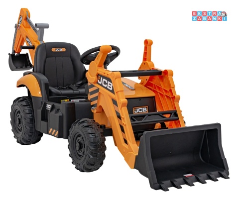 Koparka 2w1 JCB z łyżką na akumulator - żółty, 2x35W 12V/10Ah, pilot, klakson, wolny start, pasy [BDM0960B]
