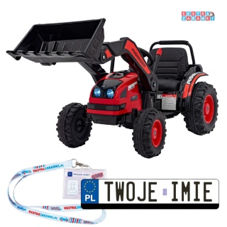 Koparka traktor na akumulator - czerwony, 2x35W 12V/7Ah, Bluetooth, ekoskóra, pilot, pasy [HL389]