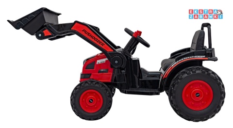 Koparka traktor na akumulator - czerwony, 2x35W 12V/7Ah, Bluetooth, ekoskóra, pilot, pasy [HL389]
