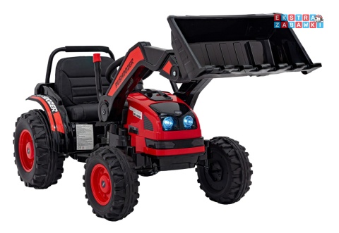 Koparka traktor na akumulator - czerwony, 2x35W 12V/7Ah, Bluetooth, ekoskóra, pilot, pasy [HL389]