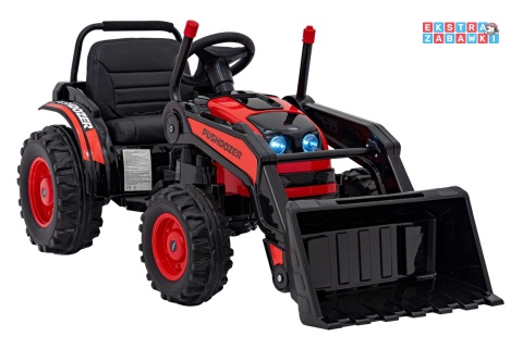Koparka traktor na akumulator - czerwony, 2x35W 12V/7Ah, Bluetooth, ekoskóra, pilot, pasy [HL389]