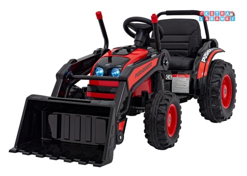 Koparka traktor na akumulator - czerwony, 2x35W 12V/7Ah, Bluetooth, ekoskóra, pilot, pasy [HL389]