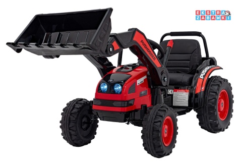 Koparka traktor na akumulator - czerwony, 2x35W 12V/7Ah, Bluetooth, ekoskóra, pilot, pasy [HL389]