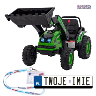 Koparka traktor na akumulator - zielony, 2x35W 12V/7Ah, Bluetooth, ekoskóra, pilot, pasy [HL389]