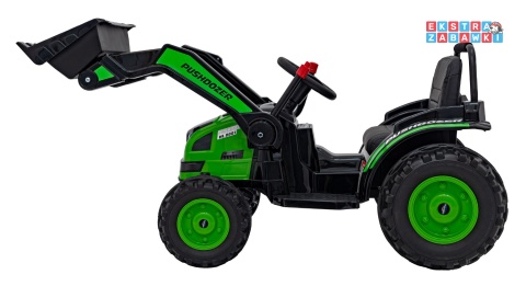 Koparka traktor na akumulator - zielony, 2x35W 12V/7Ah, Bluetooth, ekoskóra, pilot, pasy [HL389]