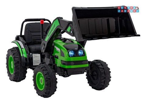 Koparka traktor na akumulator - zielony, 2x35W 12V/7Ah, Bluetooth, ekoskóra, pilot, pasy [HL389]