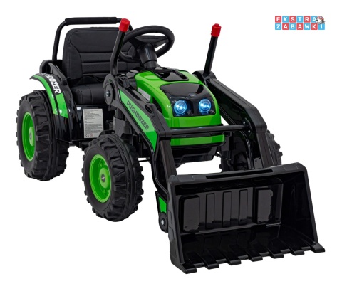 Koparka traktor na akumulator - zielony, 2x35W 12V/7Ah, Bluetooth, ekoskóra, pilot, pasy [HL389]