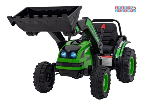 Koparka traktor na akumulator - zielony, 2x35W 12V/7Ah, Bluetooth, ekoskóra, pilot, pasy [HL389]