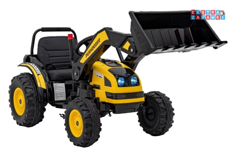 Koparka traktor na akumulator - żółty, 2x35W 12V/7Ah, Bluetooth, ekoskóra, pilot, pasy [HL389]