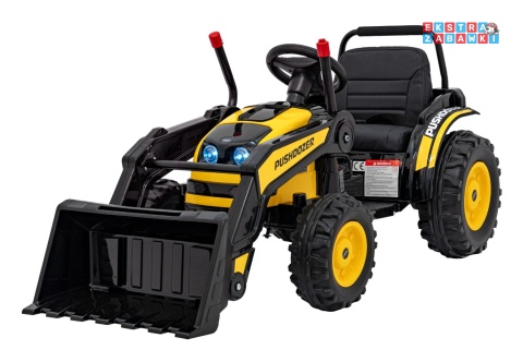 Koparka traktor na akumulator - żółty, 2x35W 12V/7Ah, Bluetooth, ekoskóra, pilot, pasy [HL389]