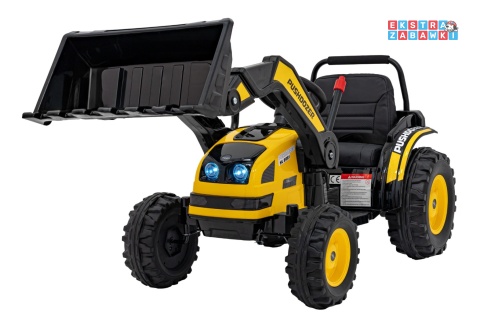 Koparka traktor na akumulator - żółty, 2x35W 12V/7Ah, Bluetooth, ekoskóra, pilot, pasy [HL389]