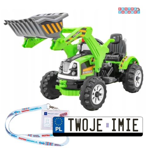 Traktor z ruchomą łyżką spychacz na akumulator - zielony, 2x45W 6V/7.2Ah, pasy, trąbka, 2 prędkości [JS328A]