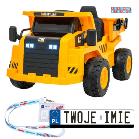 Wywrotka Caterpillar na akumulator - żółty, 2x35W 12V/4.5Ah, ruchomy kiper, łopatka, megafon, audio, LED, ekoskóra [PA.901]