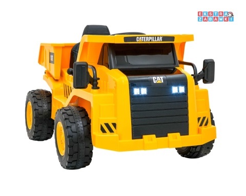 Wywrotka Caterpillar na akumulator - żółty, 2x35W 12V/4.5Ah, ruchomy kiper, łopatka, megafon, audio, LED, ekoskóra [PA.901]