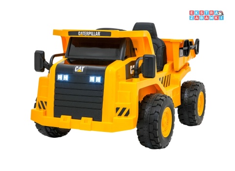Wywrotka Caterpillar na akumulator - żółty, 2x35W 12V/4.5Ah, ruchomy kiper, łopatka, megafon, audio, LED, ekoskóra [PA.901]