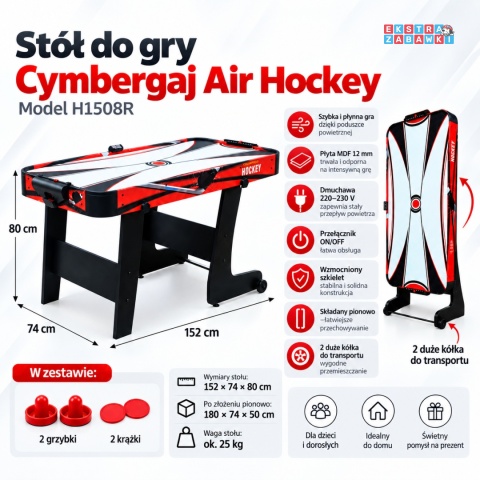 Duży składany czerwony stół do gry - Cymbergaj air hockey 152x74x80 cm [H1508R]