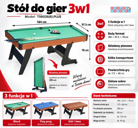 Duży składany stół do gier 3w1 – bilard, ping pong, stół/ława, 184 x 97.5 cm + akcesoria [T56026(6).PLUS]