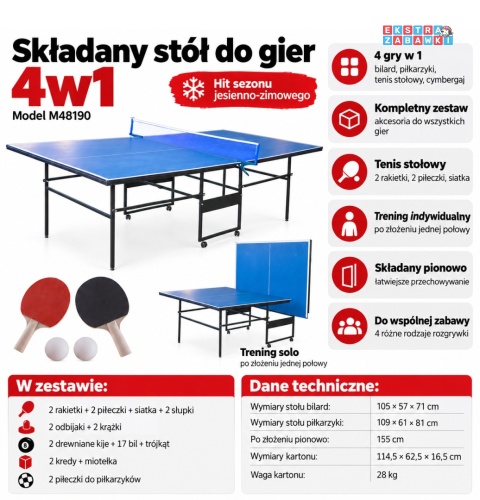 Duży składany stół do gry - ping pong, tenis stołowy - płyta 12mm [P101]