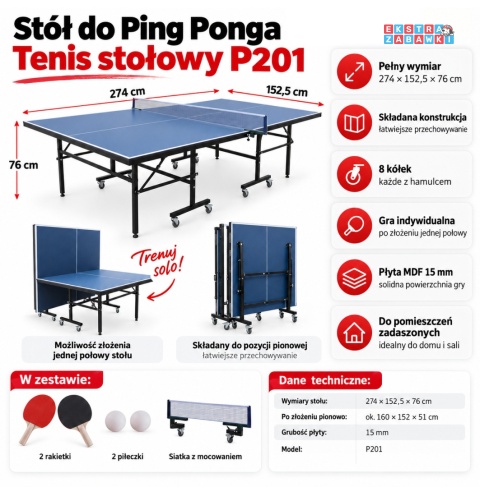 Duży składany stół do gry - ping pong, tenis stołowy - płyta 15mm [P201]