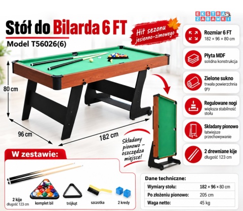 Składany stół do bilarda - zestaw bilardowy z akcesoriami 6FT [T56026(6).GREEN]