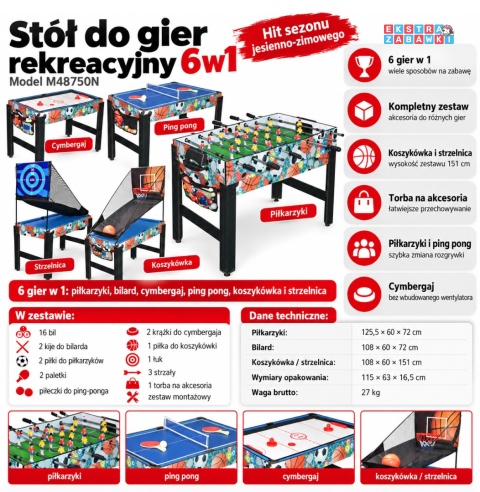 Stół do gier 6w1 - piłkarzyki, cymbergaj, ping pong, koszykówka, strzelnica, bilard [M48750(6)]