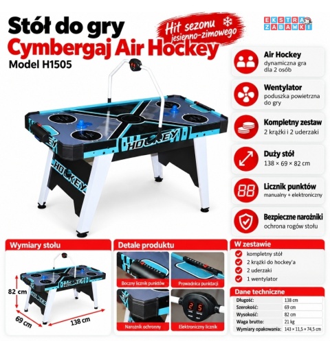 Stół do gry z dmuchawą i licznikiem - cymbergaj, air hockey 138 x 69 cm [H1505]