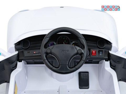 RUF CTR3 na akumulator - biały, 2x35W 12V/9Ah, ekoskóra, EVA, pilot, pasy, panel muzyczny [BRD-2188]
